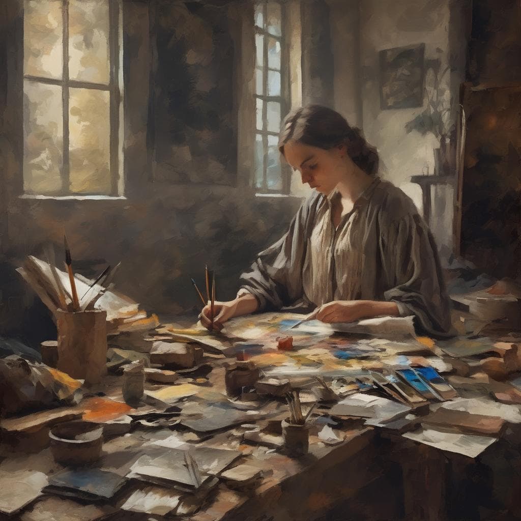 Καλλιτέχνις που δημιουργεί έργα τέχνης σε στούντιο, με έμφαση στην ταυτότητα στην τέχνη και την αυτοέκφραση.