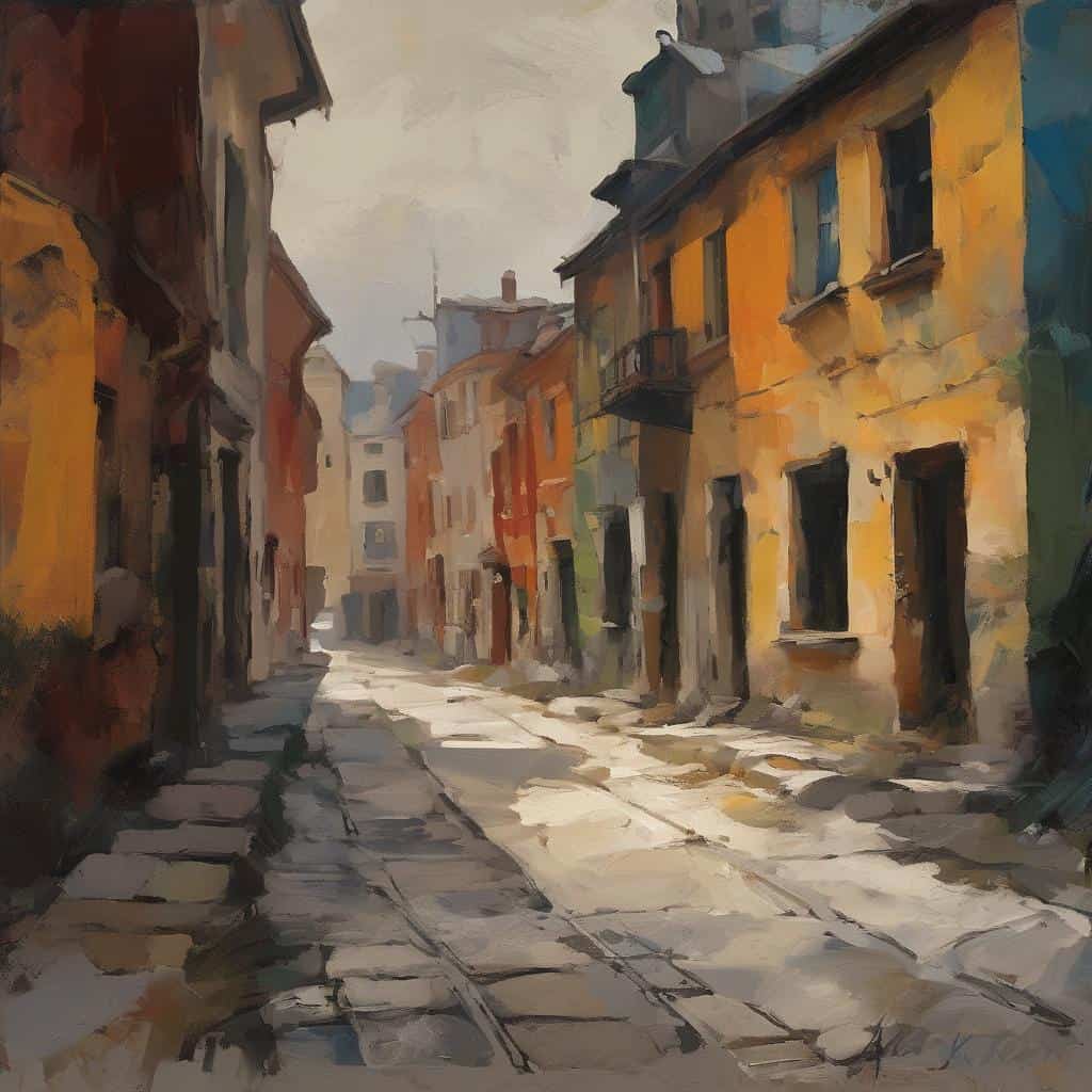 Γραμμένο αρχιτεκτονικό τοπίο πόλης, ζωγραφιά σε στιλ εναιώρημα, παλιά κτίρια σε στενό δρόμο, ζεστοί τόνοι και ζωηρά χρώματα.