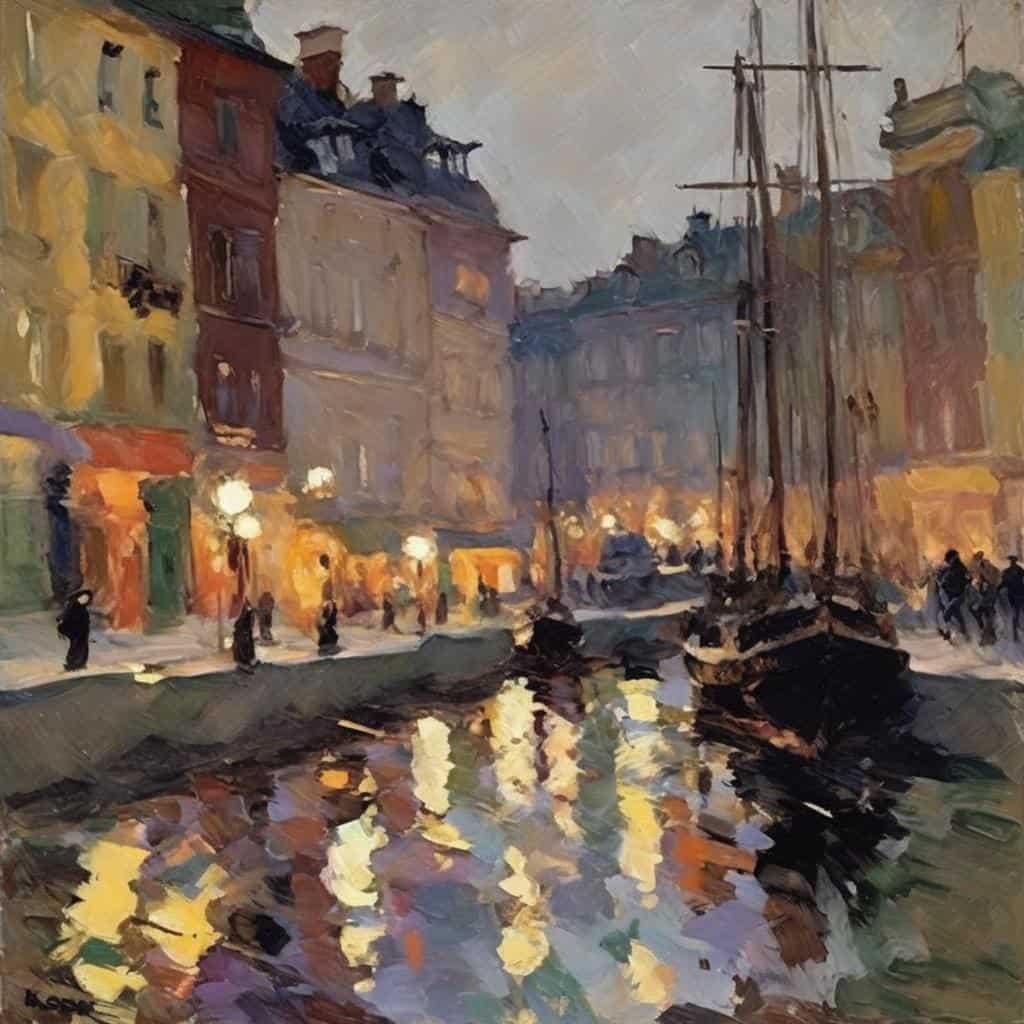 Παλιό λιμάνι με φωτισμένα σοκάκια και πλοία σε πίνακα με έντονα χρώματα και ρευστές πινελιές.