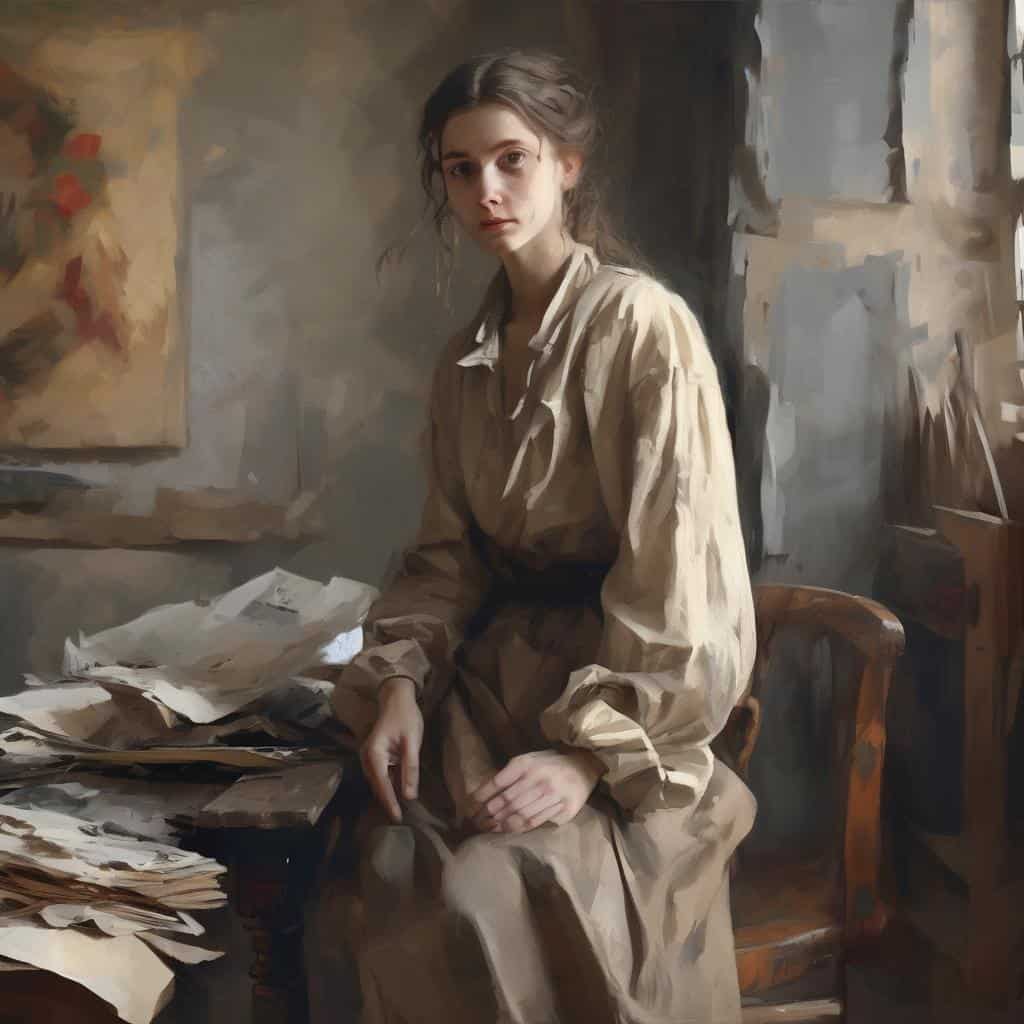 Καλλιτεχνική εικόνα γυναίκας σε στούντιο με έργα τέχνης και επιστολές, αναδεικνύει την ταυτότητα στην τέχνη και την καλλιτεχνική έκφραση.